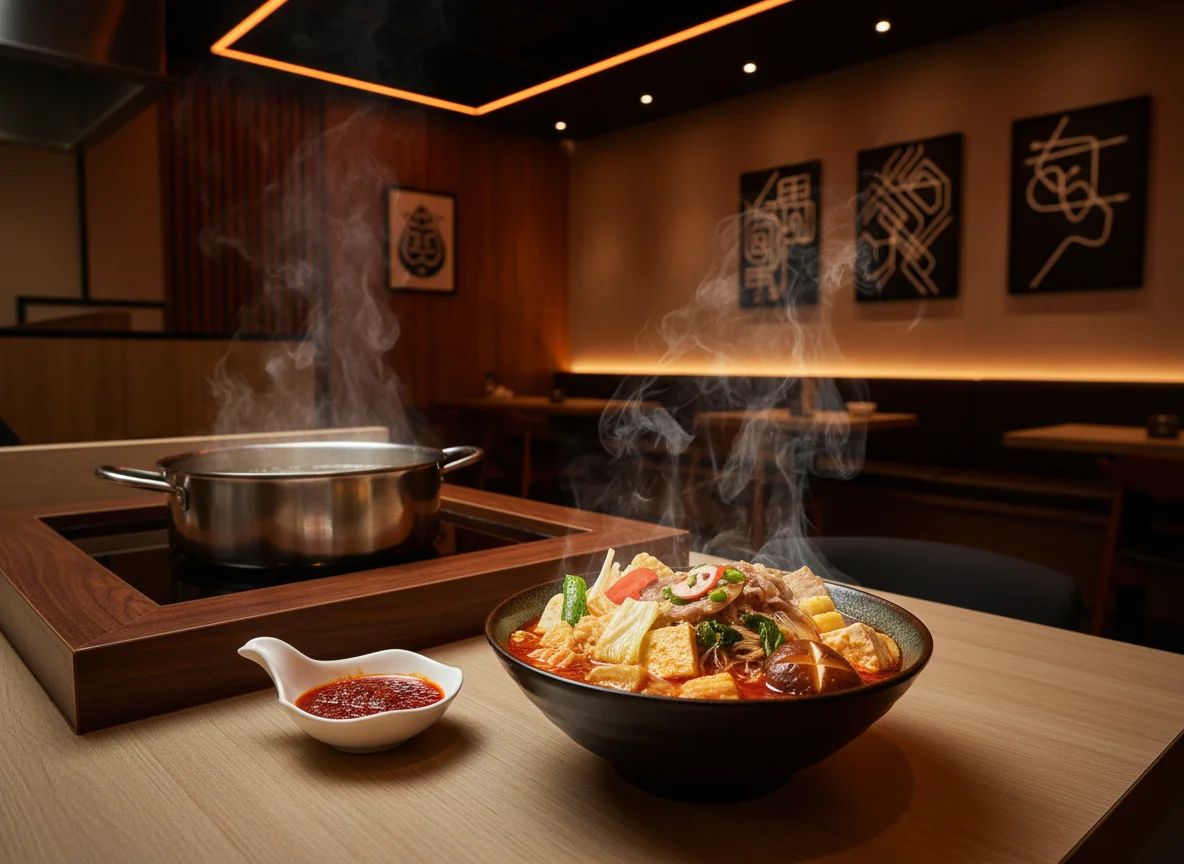 A close-up photograph of steaming malatang, with glass noodles and ingredients lifted from the bowl with chopsticks