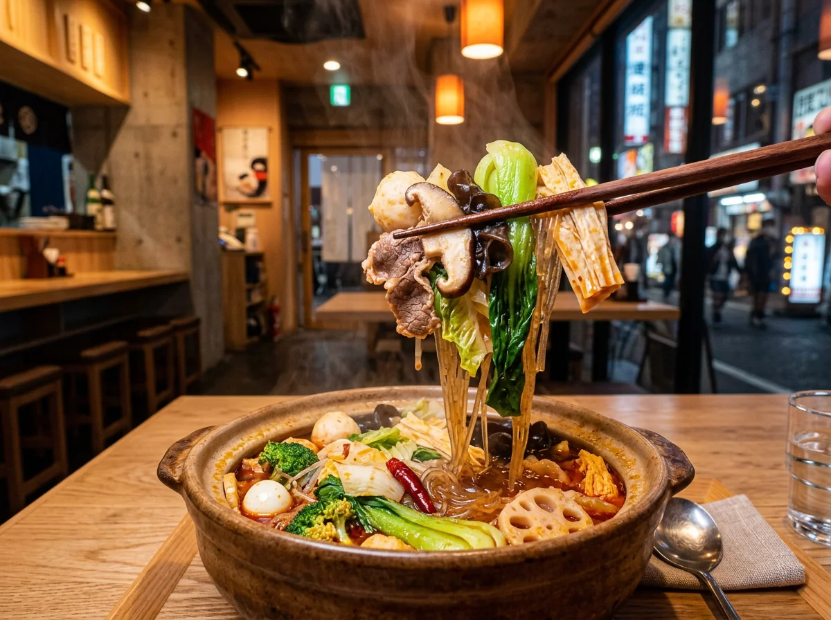 A dining table photographed from above at an angle, with bowls of malatang, side plates, chopsticks, and condiments arranged on a wood-grain table