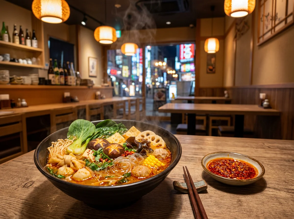작은 흰 그릇에 담긴 빨간 마라장과 향신료 클로즈업